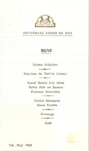 Oggetto da collezione cartaceo 1963 LONDON MASSONERIA Fraternal Lodge 5212 MenÃ¹ FREEMASONRY 1