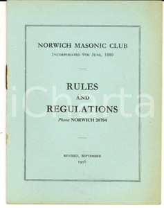 Oggetto da collezione cartaceo 1958 FREEMASONRY NORWICH UK Bowers Lodge no. 4865 Rules and regulation 1