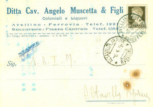 Cartolina originale da collezione 1938 AVELLINO Ditta Cav. Angelo MUSCETTA & Figli Coloniali e liquori DANNEGGIATA 1
