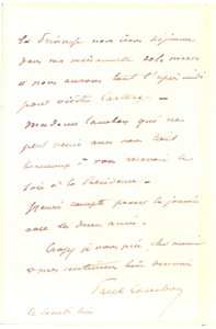 Autografo originale 1885 TUNISI MInistro Paul CAMBON su udienza del Bey AUTOGRAFO 1