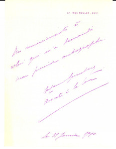 Documento originale, autentico 1920 PARIS Suzanne GRUNBERG avocat  remercie pour son premier autographe 1