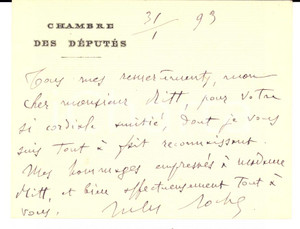 Autografo originale 1893 PARIS Carte ministre Jules ROCHE Chambre des DEPUTES Autographe 1