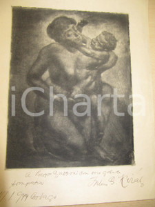 Stampa, bozzetto originale 1944 KIRALY Nudo femminile con bambino Stampa AUTOGRAFO a Beppe GUERZONI 1