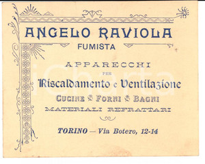 Documento originale, autentico 1910 ca TORINO Angelo RAVIOLA fumista   Riscaldamento e ventilazione 1