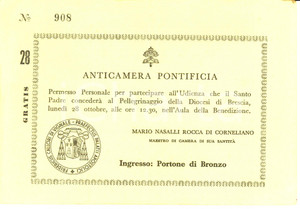 Oggetto da collezione cartaceo 1963 ANTICAMERA PONTIFICIA Biglietto personale udienza di Papa PAOLO VI 1