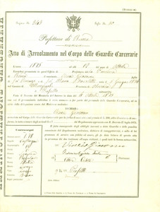 Documento originale, autentico 1875 ROMA Giacomo VINEIS si arruola come Guardia Carceraria Documento 1