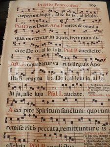Libro, pubblicazione d epoca 1700 ca ANTIFONARIO ROMANO Pagina canti in rosso e nero FestivitÃ  PENTECOSTE 1