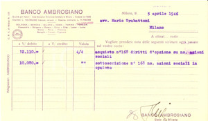 Oggetto da collezione cartaceo 1946 MILANO BANCO AMBROSIANO Sottoscrizione azioni sociali Ricevuta 1