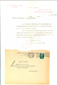 Manoscritto, lettera originale 1935 MILANO Lettera ing. Vittorio PIANI alla ditta Ercole MARELLI 1