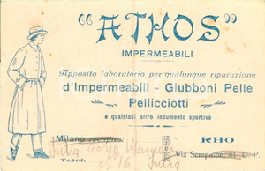 Materiale pubblicitario d’epoca 1946 RHO MI Laboratorio impermeabili ATHOS Biglietto DANNEGGIATO 1