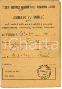 Documento originale, autentico 1951 NAPOLI Libretto Lidia FANARA Istituto Nazionale Previdenza Sociale 1