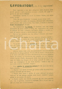 Materiale pubblicitario d’epoca 1946 PROPAGANDA POLITICA DC Lavoratore ragiona! ANTICOMUNISMO Volantino 1