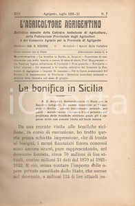 Giornale, rivista storica 1933 AGRIGENTO Agricoltore Agrigentino Arrigo SERPIERI su bonifica siciliana 1
