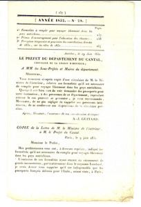 1832 AURILLAC (F) JOURNAL D'ANNONCES nÂ° 28 - Primes pour l'Ã©ducation des chevaux 20 settembre 1832AURILLAC (Cantal, France)JOURNAL D'ANNONCES JUDICIAIRES ET AVIS DIVERSn&deg; 28CONCORSI A PREMI PER L'ALLEVAMENTO DEI CAVALLIInteressante giornale di annunci giudiziari e notizie varie pubblicato nel dipartimento del Cantal nel primo Ottocento.Il giornale in oggetto riporta le nuove ordinanze in materia di allevamento dei cavalli, incentivato da nuovi concorsi a premi:"... Les chevaux, jumens et puliches pr&eacute;sent&eacute;s doivent appartenir &agrave; des propri&eacute;taires, fermiers ou m&eacute;tayers exploitant des biens ruraux... les jumens doivent etre suivis par leurs poulains de l'ann&eacute;e...".Interessante testimonianza di storia locale.In mediocri condizioni (abrasione al margine inferiore destro).8 paginePeriodico d'epoca, originale, autentico.     originale e autentica 1