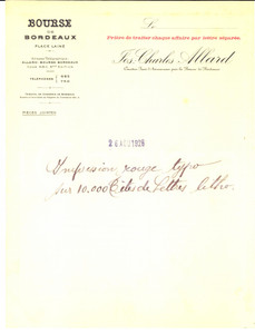 Documento originale, autentico 1926 BORDEAUX F Impression rouge typo  BOURSE MARITIME Documento 1