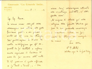 Autografo originale 1912 MILANO LA GRANDE ITALIA Redattore capo ALITTI a Massimo RAVA Autografo 1
