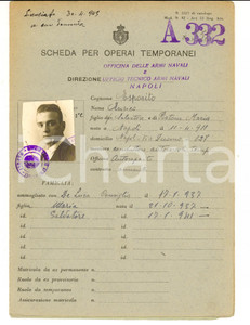 Documento originale, autentico 1944 WW2 NAPOLI Scheda operaio temporaneo Enrico ESPOSITO Officina AUTOREPARTO 1