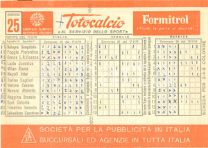Oggetto da collezione cartaceo 1974 CONI Schedina non giocata TOTOCALCIO Concorso 25 Serie A Farmaco FORMITROL 1