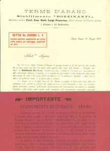 Documento originale, autentico 1915 ABANO TERME PD Stabilimento DOZZINANTI cure termali per i poveri 1