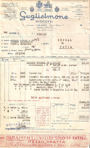 Documento originale, autentico 1945 MILANO Biscotti GUGLIELMONE Stabilimento MORTARA Panettone Reale Fattura 1 1