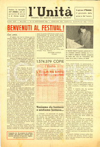 Giornale, rivista storica 1953 MILANO Festeggiamo Festa de L UNITA  dopo sconfitta LEGGE TRUFFA Giornale 1