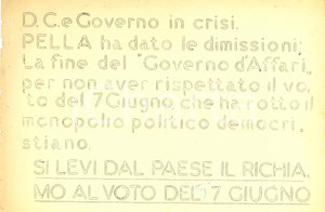 Materiale pubblicitario d’epoca 1954 GENOVA PROPAGANDA POLITICA PCI Governo PELLA si Ã¨ dimesso Ciclostilato 1