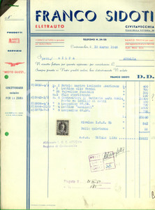 Documento originale, autentico 1949 CIVITAVECCHIA RM Ditta Franco SIDOTI Elettrauto Fattura Commerciale 1