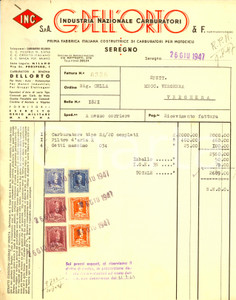 Documento originale, autentico 1947 SEREGNO MB Ditta DELL ORTO Carburatori Fattura Commerciale 1