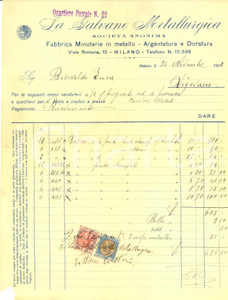 Documento originale, autentico 1922 MILANO Ditta La GALVANO Minuterie Metallurgica Argentatura Doratura Fattura 1