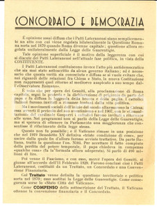 Materiale pubblicitario d’epoca 1946 UNIONE GIOVANILE EVANGELICA Concordato e democrazia Propaganda laicista 1