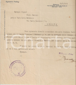 Autografo originale 1925 GENOVA Gerardo BONELLI insegne Corona d Italia a Isidoro MARCHINI AUTOGRAFO 1