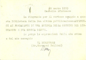 Autografo originale 1953 MILANO BIBLIOTECA COMUNALE Giovanni BELLINI ringrazia Paolo SANTANGELO 1
