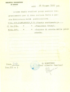 Autografo originale 1952 SASSARI Alberto GUARINO Direttore Biblioteca Universitaria AUTOGRAFO 1