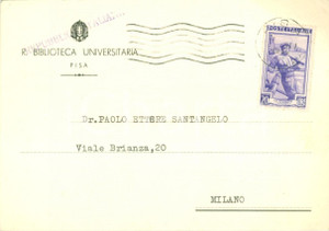 Cartolina originale da collezione 1952 PISA Biblioteca Universitaria ringrazia SANTANGELO per invio di volumi 1