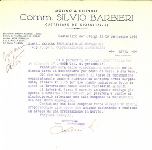 Documento originale, autentico 1946 CASTELLARO DE  GIORGI Molino Silvio BARBIERI contro i tassi di macinazione 1