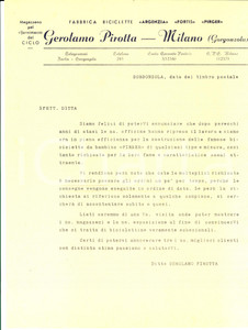 Documento originale, autentico 1946 GORGONZOLA MI Gerolamo PIROTTA riprende produzione biciclette PIRGER 1