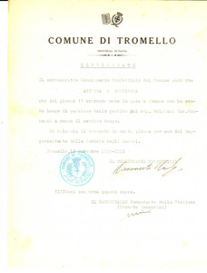 Documento originale, autentico 1935 TROMELLO PV Ballo pubblico di Giovanni BOLGIANI annullato per maltempo 1