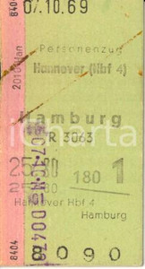 Oggetto da collezione cartaceo 1969 DEUTSCHE BUNDESBAHN HANNOVER  HAMBURG Biglietto per treno passeggeri 1