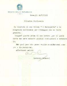 Autografo originale 1951 ROMA Senatore Antonio ROMANO ringrazia SANTANGELO per l invio di un opera 1