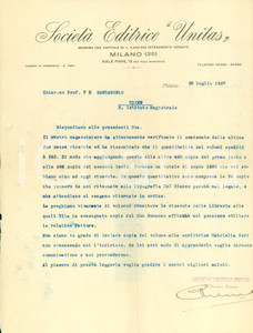 Manoscritto, lettera originale 1927 MILANO SocietÃ  Editrice UNITAS aggiorna SANTANGELO su consegna volumi 1