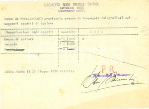 Documento originale, autentico 1938 ADDIS ABEBA ETIOPIA AOI Oggetti di cucina del Battaglione Compagnia Idrici 1