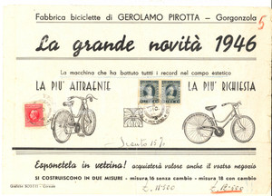 Materiale pubblicitario d’epoca 1946 GORGONZOLA Fabbrica biciclette Gerolamo PIROTTA Nuova bicicletta PIRGER 1