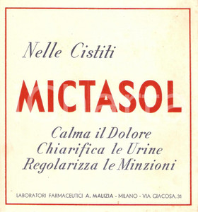 Materiale pubblicitario d’epoca 1937 MILANO Laboratori farmaceutici MALIZIA Farmaco MICTASOL contro cistiti 1