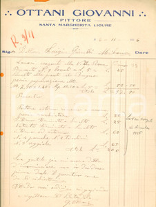 Documento originale, autentico 1936 SANTA MARGHERITA LIGURE GE Pittore Giovanni OTTANI lavori a VILLA ROSA 1