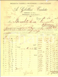 Documento originale, autentico 1922 TRADATE VA A. GIBELLINI Fabbrica Profumerie e Chincaglierie Fattura 1