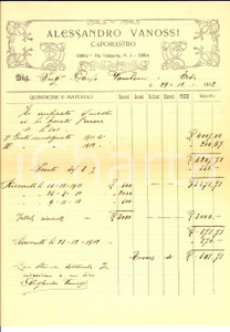 Documento originale, autentico 1912 ERBA CO Alessandro VANOSSI Capomastro Fattura manoscritta 1