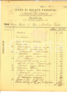 Documento originale, autentico 1925 MILANO Casa di salute PARAPINI Gabinetto radiologico Spese Guido MOLINA 1 1