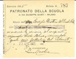 Documento originale, autentico 1925 MILANO Guido MOLINA socio perpetuo patronato scolastico Giuseppe GIUSTI 1