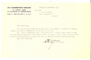 Autografo originale 1951 MILANO Lettera avv. Francesco MIGLIORI ad Ada BERTOGLI Autografo 1