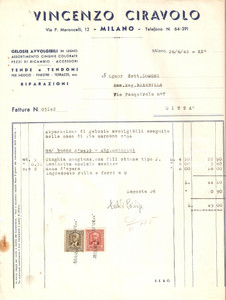 Documento originale, autentico 1942 MILANO Ditta Vincenzo CIRAVOLO Gelosie avvolgibili Tende Fattura 1